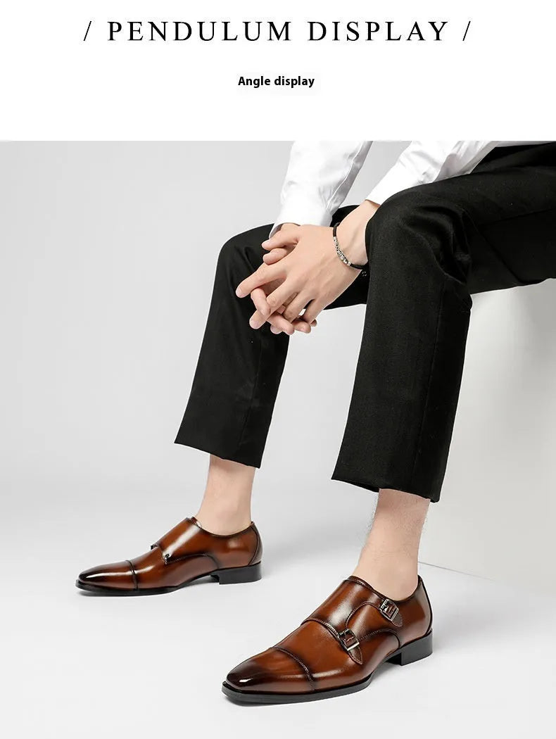 Men's black and light brown leather business shoes with square toe design and rubber soles