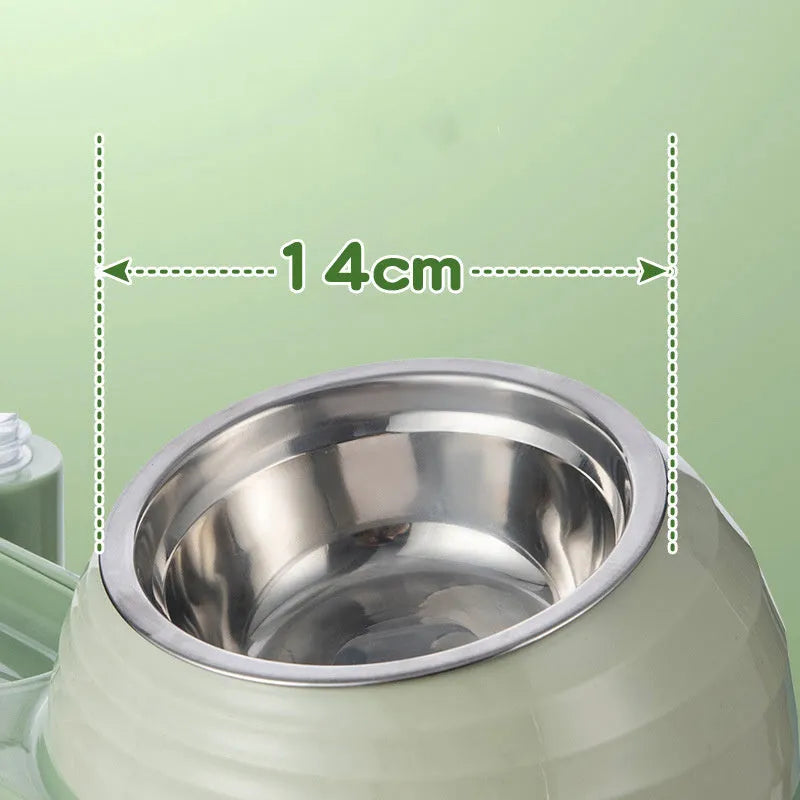Elevated cat food bowl with automatic water dispenser bottle in choice of brown, green or yellow colours