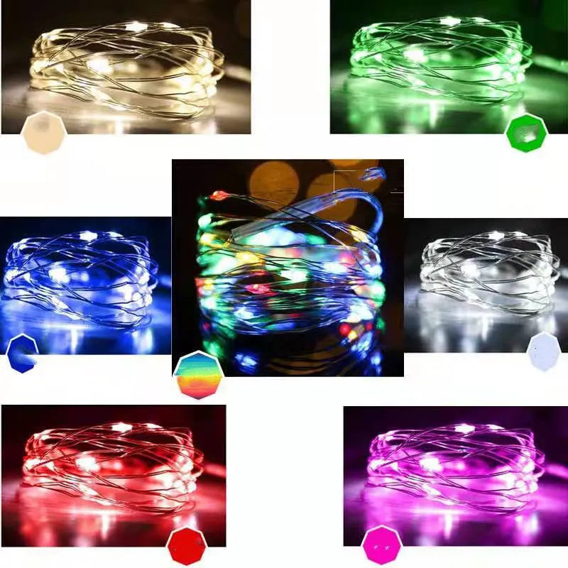 12-metre copper wire LED string lights with battery box showing nine colour options