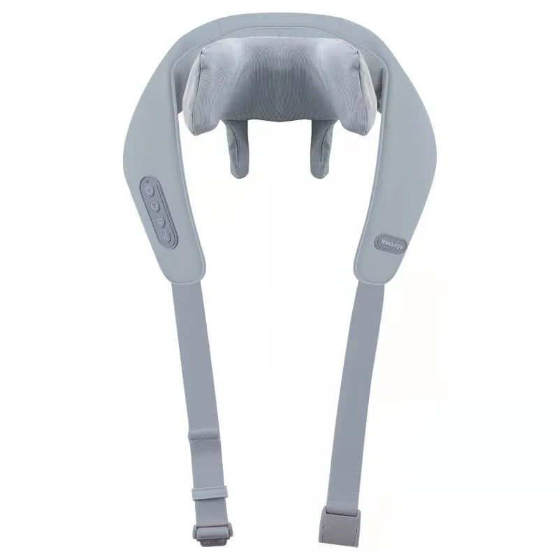 Grey elastic fabric neck massager with USB charging cable and infrared physiotherapy function