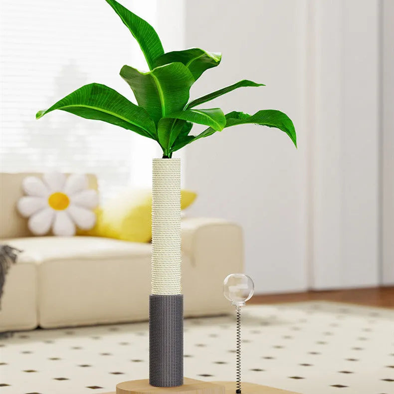 Vertical wooden cat scratching post with canna colour finish and food drop ball attachment