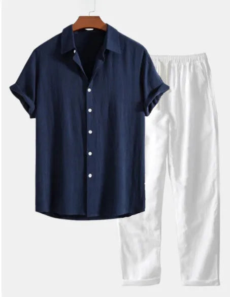Casual cotton linen summer suit in navy blue with short sleeves and matching shorts, includes glasses shoes watch