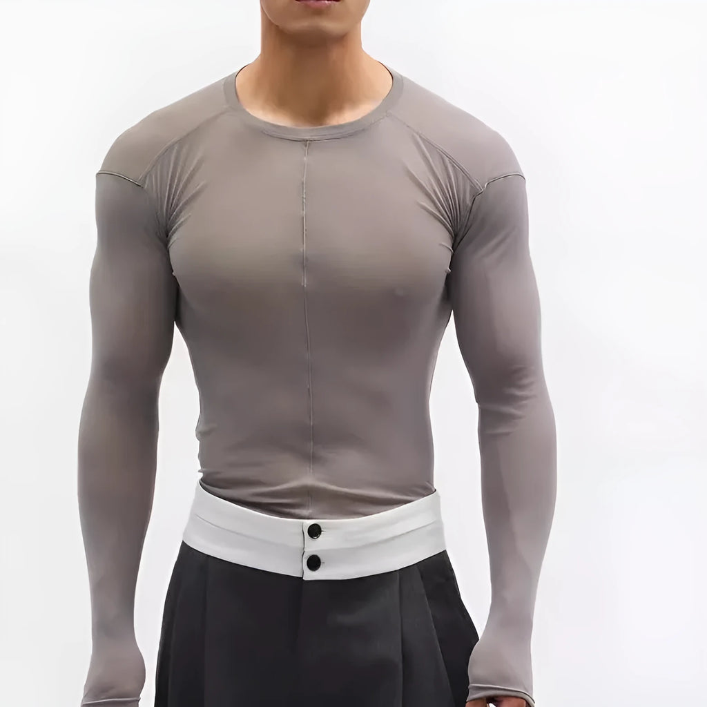 Ultra-thin mesh see-through texture slim-fit pullover in black or grey