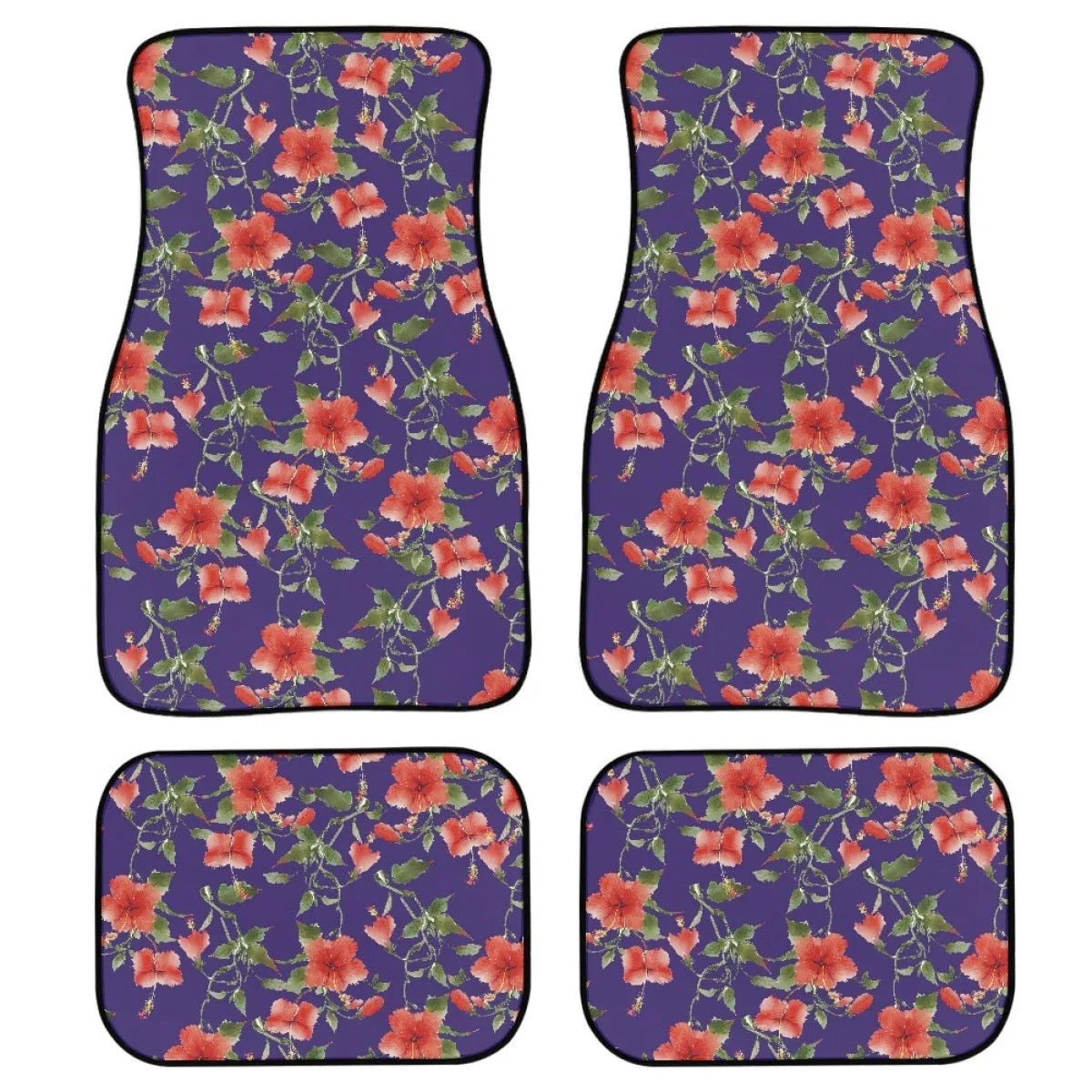 Black printed rubber car foot mat set, four pieces shown, 20mm thick waterproof lining.