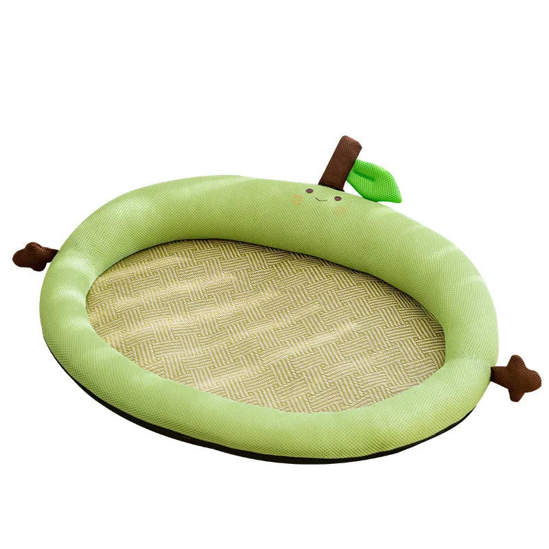 Green fruit-shaped pet nest with a raised backrest edge for dogs and cats on a wooden floor.