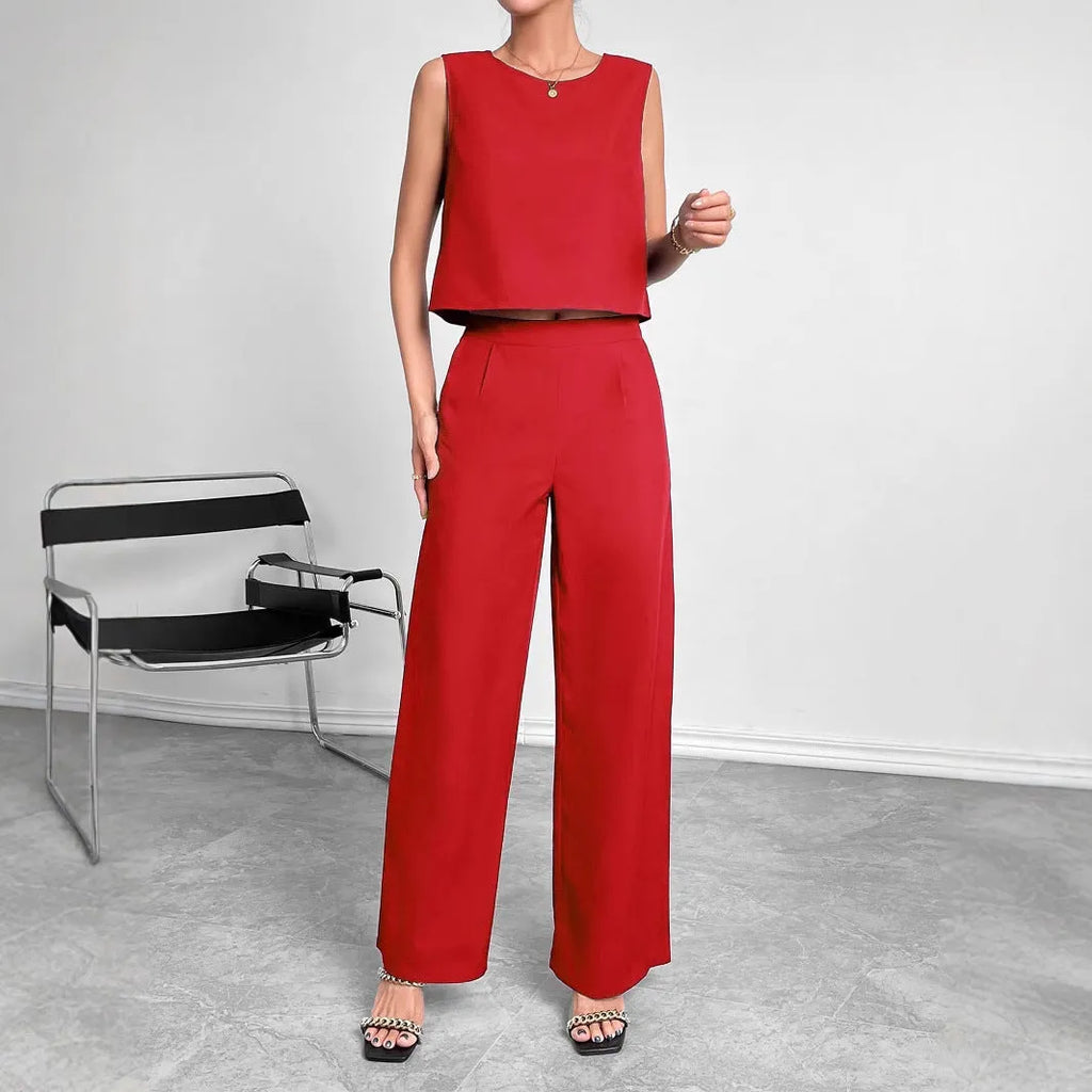 Women's sleeveless top and wide leg trousers two-piece set in polyester fabric