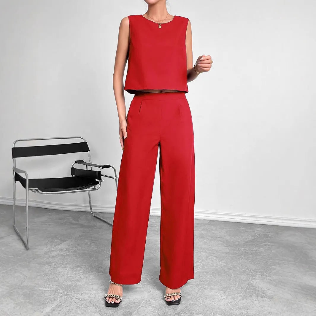 Women's sleeveless top and wide leg trousers two-piece set in polyester fabric