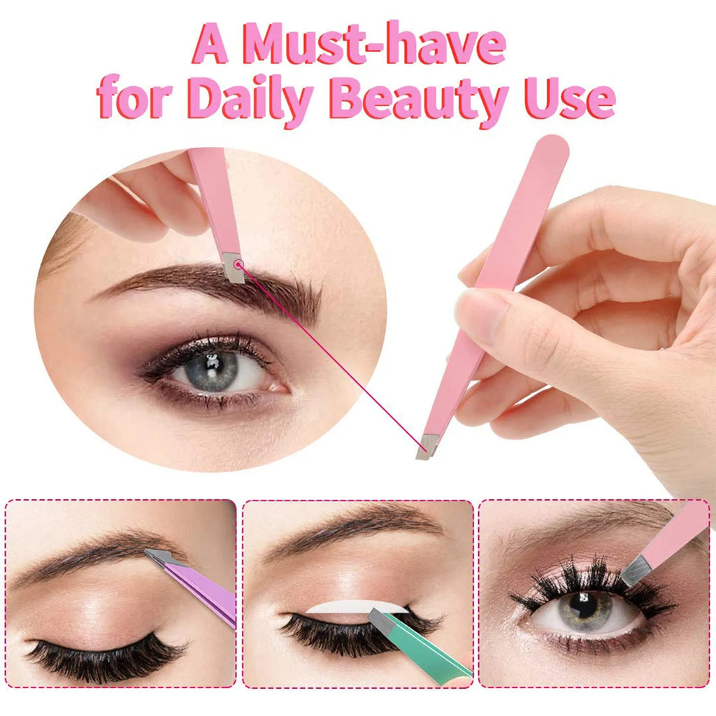 Professional 6-piece stainless steel eyebrow tweezer set with curved scissors and leather case