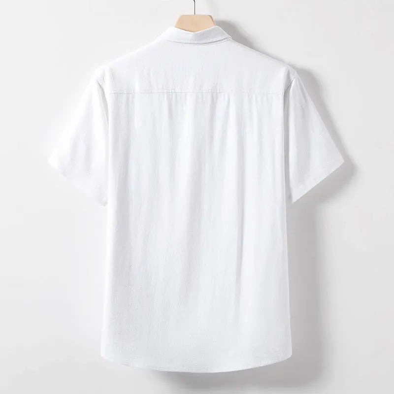 Men's loose lapel linen T-shirt in hemp blend fabric available in black, optic linen and white colours