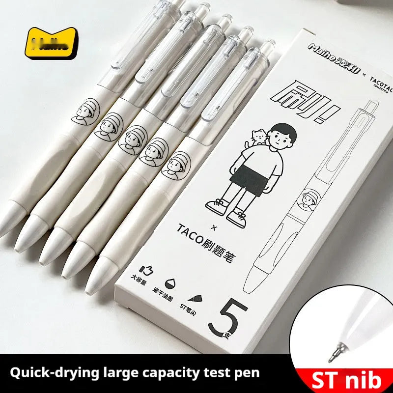 Five white Taco ballpoint pens with 0.5mm black ink refills showing quick-drying technology
