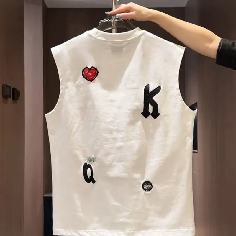Men's white cotton sleeveless vest t-shirt with cartoon print design, loose fit