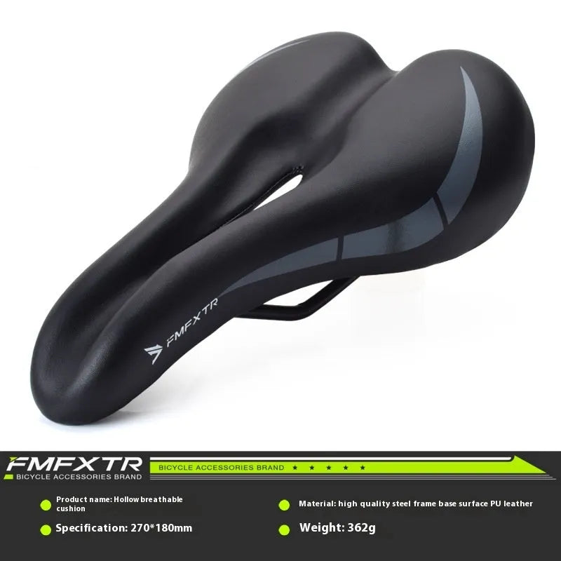 Bike saddle cushion with hollow centre design showing dimensions and double rail mounting system