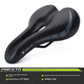 Bike saddle cushion with hollow centre design showing dimensions and double rail mounting system