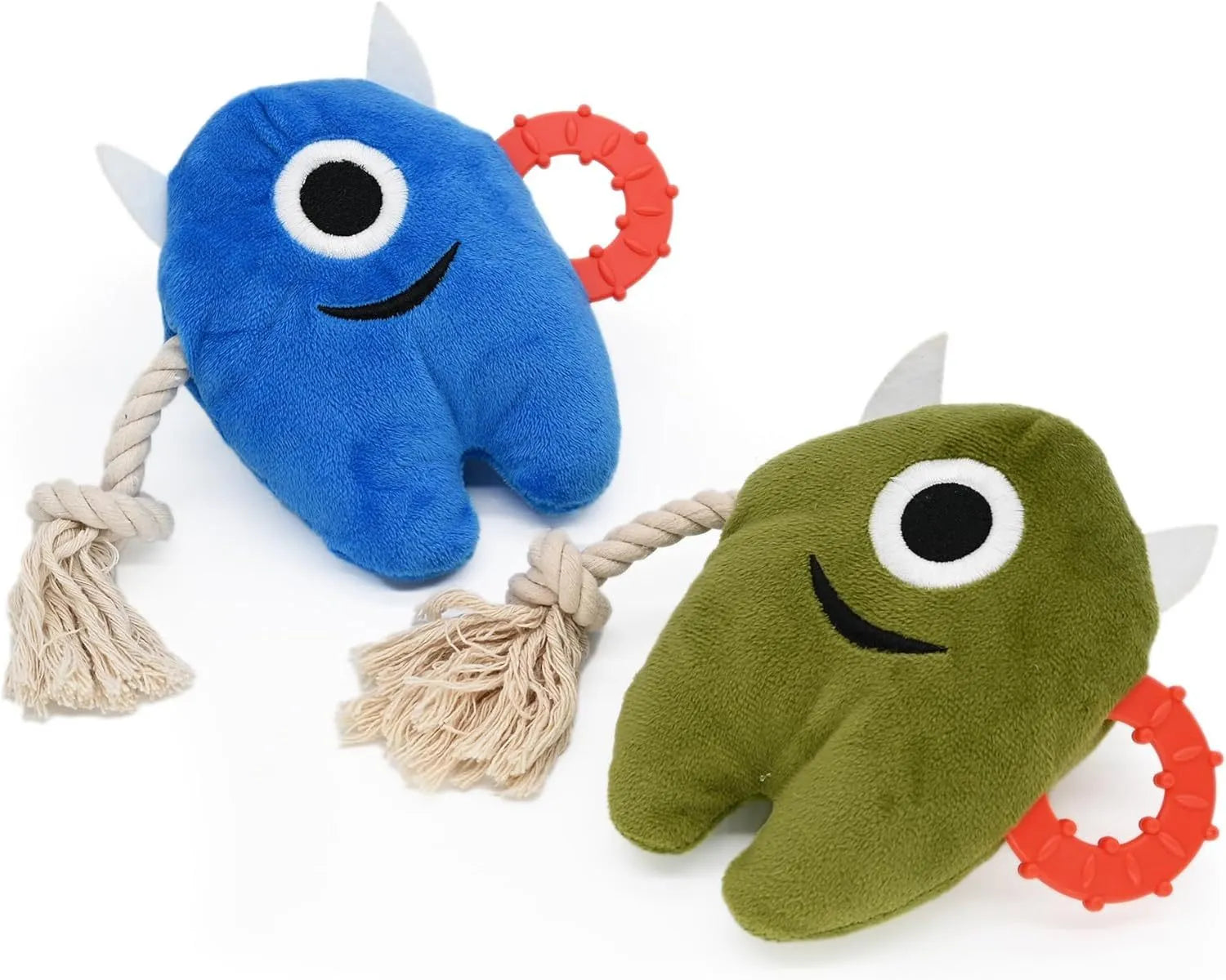 Blue and green plush dog chew toy with cotton rope tug handles and a squeaker inside.