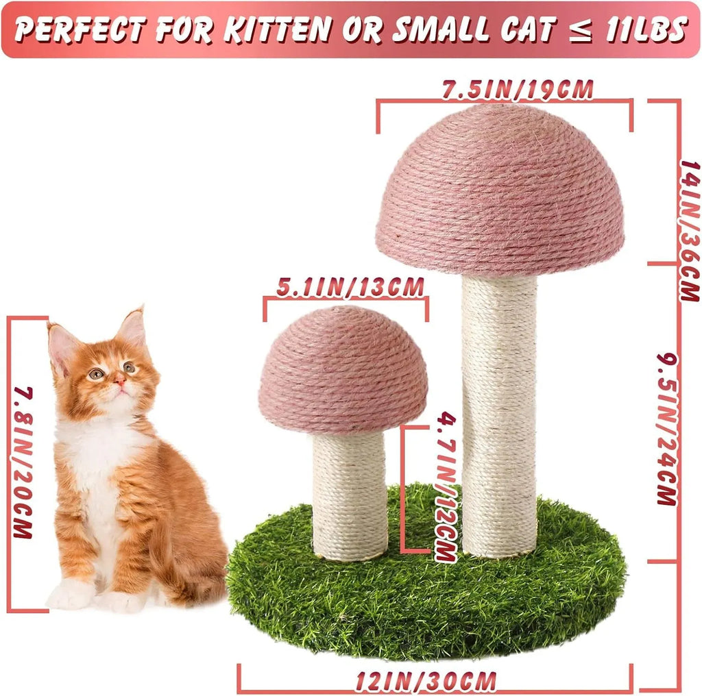 Pink mushroom-shaped cat scratching post made from natural sisal with a sturdy base.