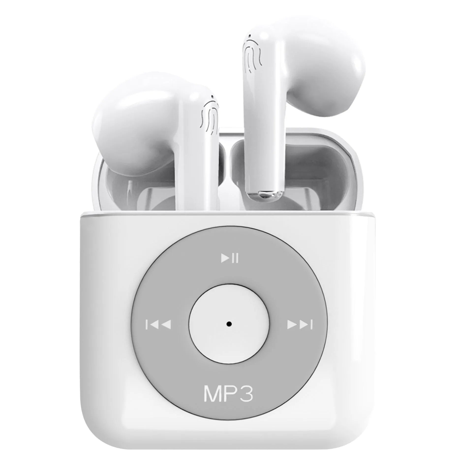 White wireless Bluetooth earphones with semi in-ear design and charging case