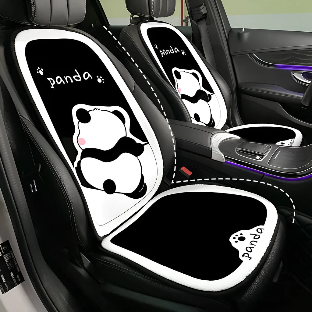 Plush cartoon panda car seat cushion set with front and rear covers, backrest, headrest, and lumbar support in winter design