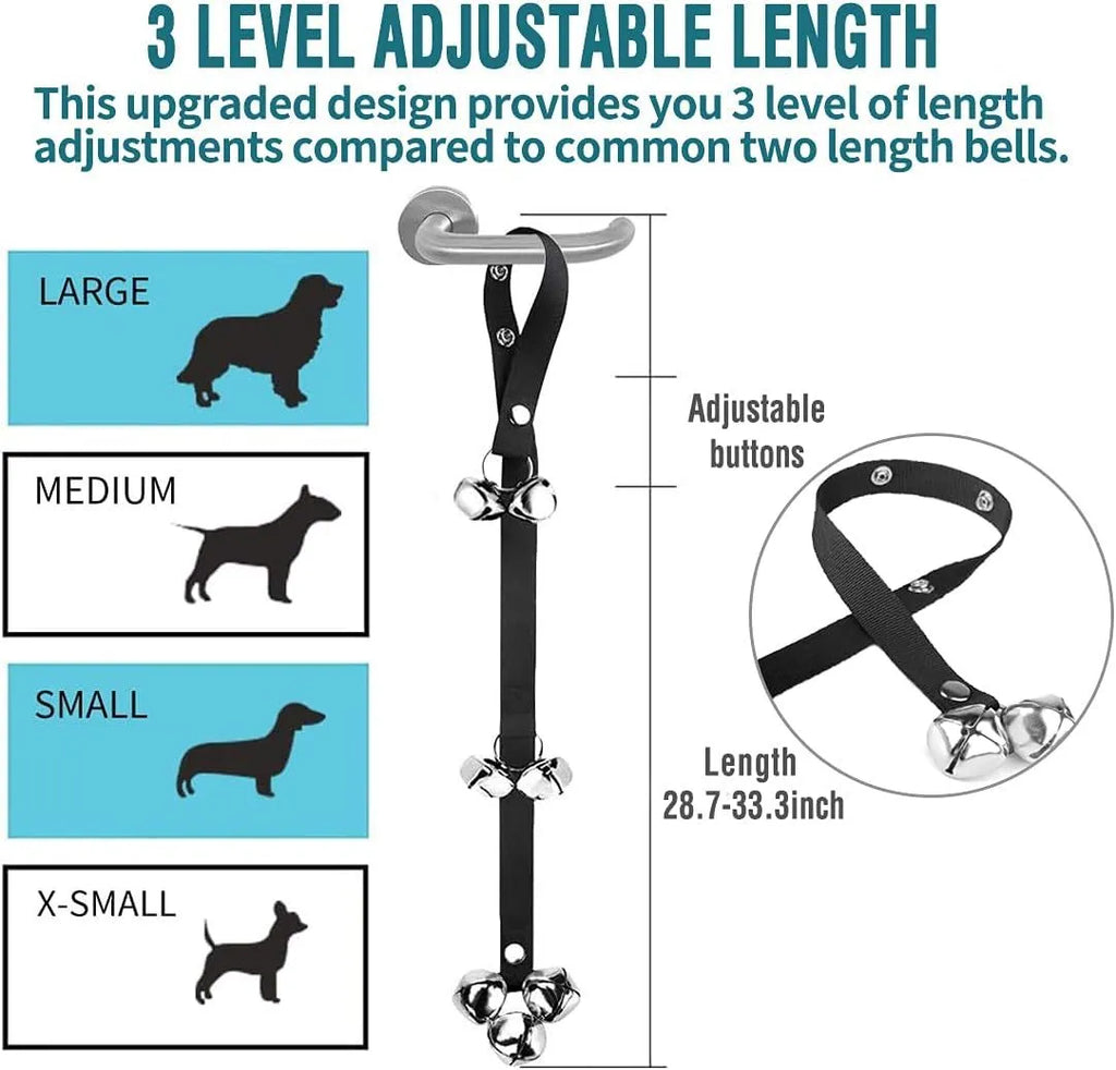 Silver metal dog training doorbell with 7 bells on an adjustable nylon leash hanging on a door
