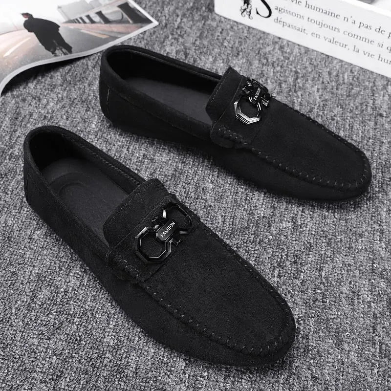 Men's black and grey casual summer shoes with cowhide suede uppers and rubber soles