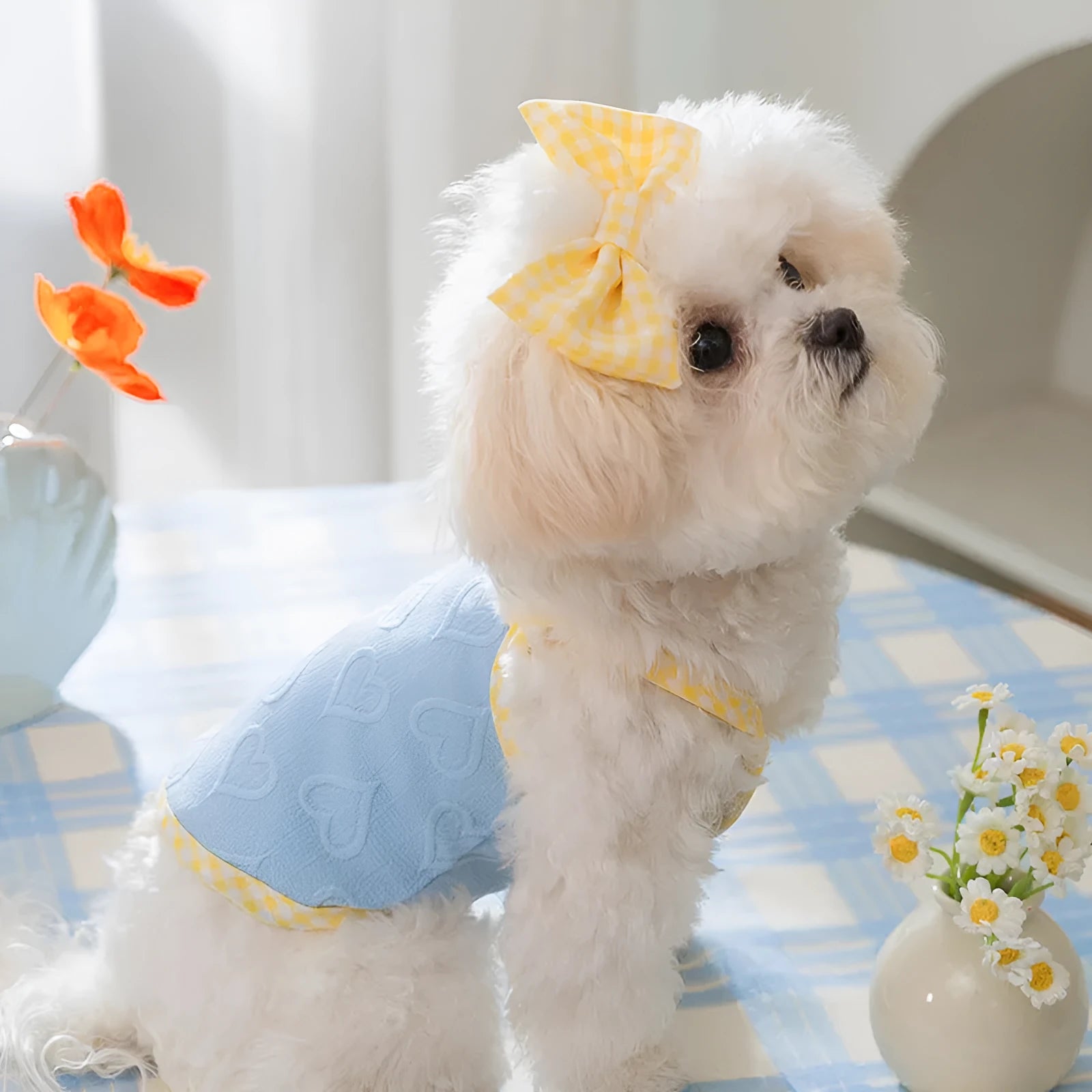 Small dog wearing blue elastic vest with heart texture and decorative bow