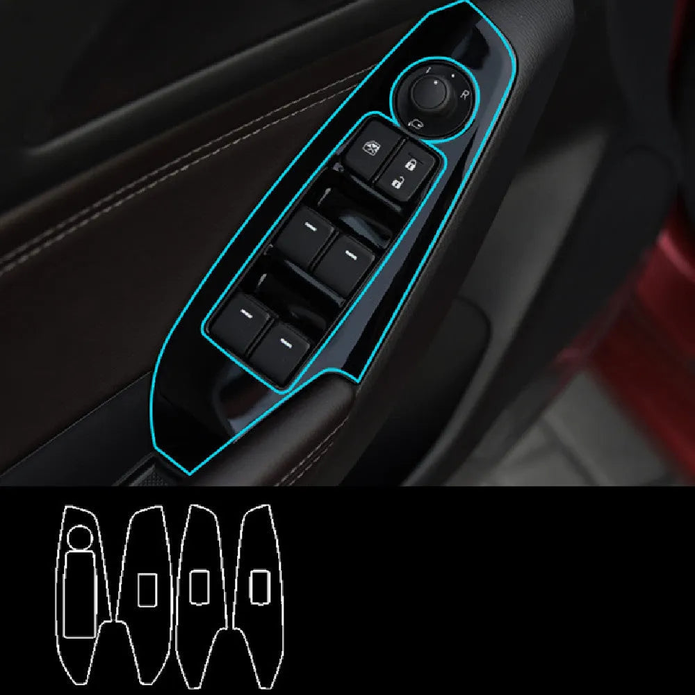 TPU protective film for car door control panels in transparent, carbon fibre black, and matte black finishes