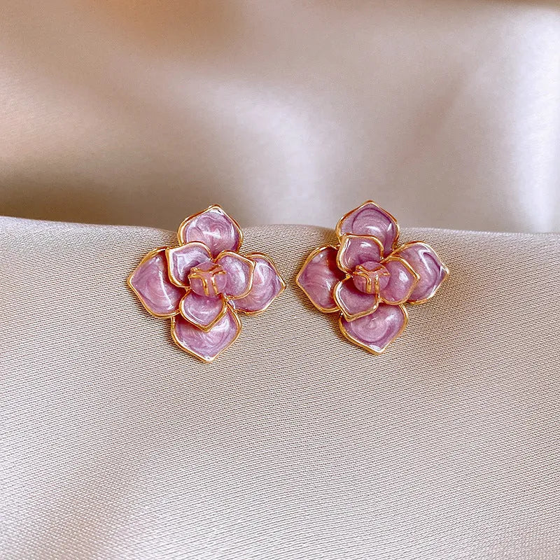 Gold plated silver needle purple oil-spot glaze flower stud earrings with copper construction