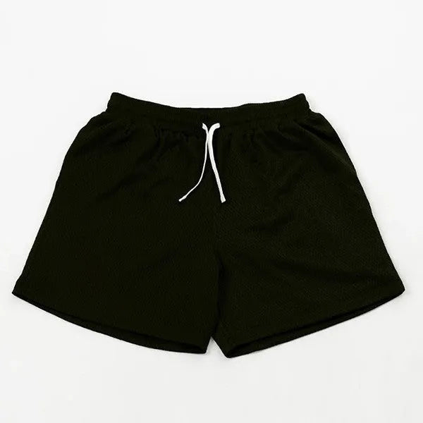 Men's solid colour mesh quick-drying shorts in black, shown laid flat.