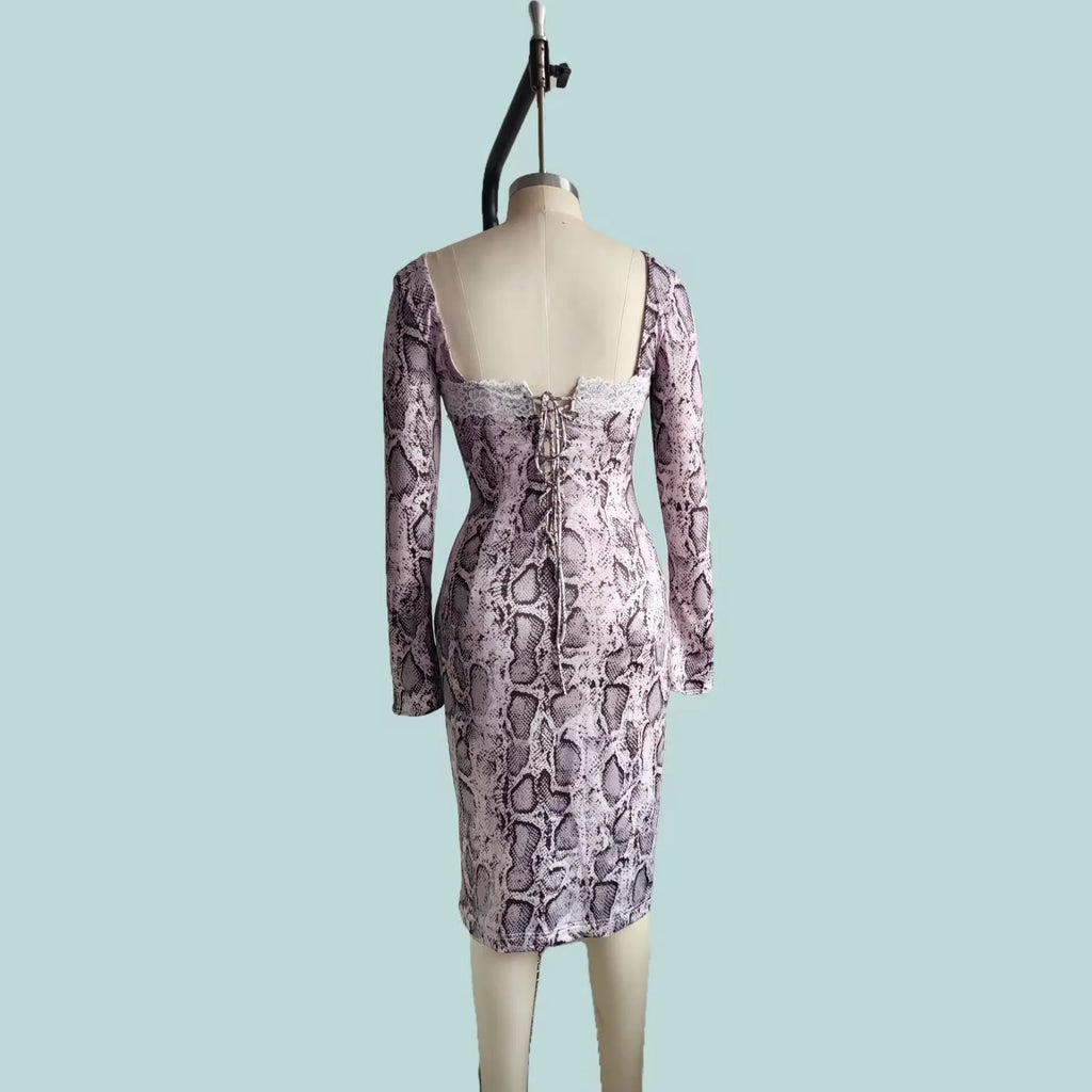Grey slim fit lace dress with long sleeves, A-line skirt, and a digital 3D printed pattern.