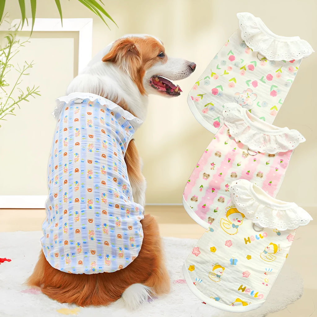 Pets all-cotton yarn breathable thin dog cat clothing in flower bud rabbit pattern on white background