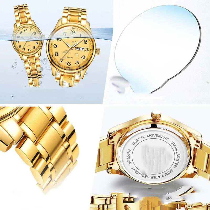 Unisex student quartz watch with steel bracelet and alloy case, 40mm male and 29mm female sizes, steel gold colour