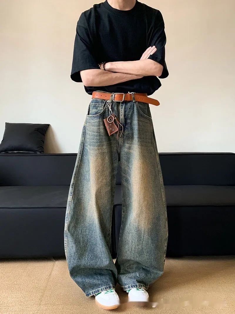 Men's retro blue distressed denim wide-leg trousers with slimming fit and mid-rise waist