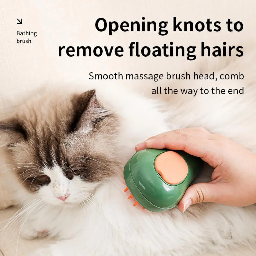 Green and white cat steam brush with water spray system and silicone teeth for pet grooming