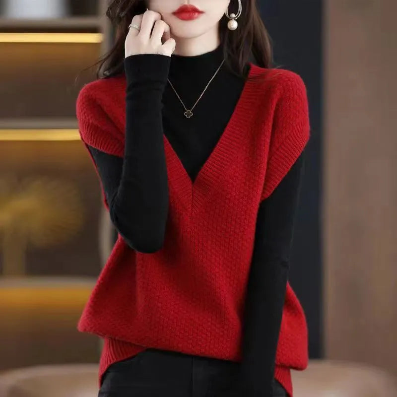 V-neck sleeveless knitted vest with 3D pattern in acrylic fibre available in six colours