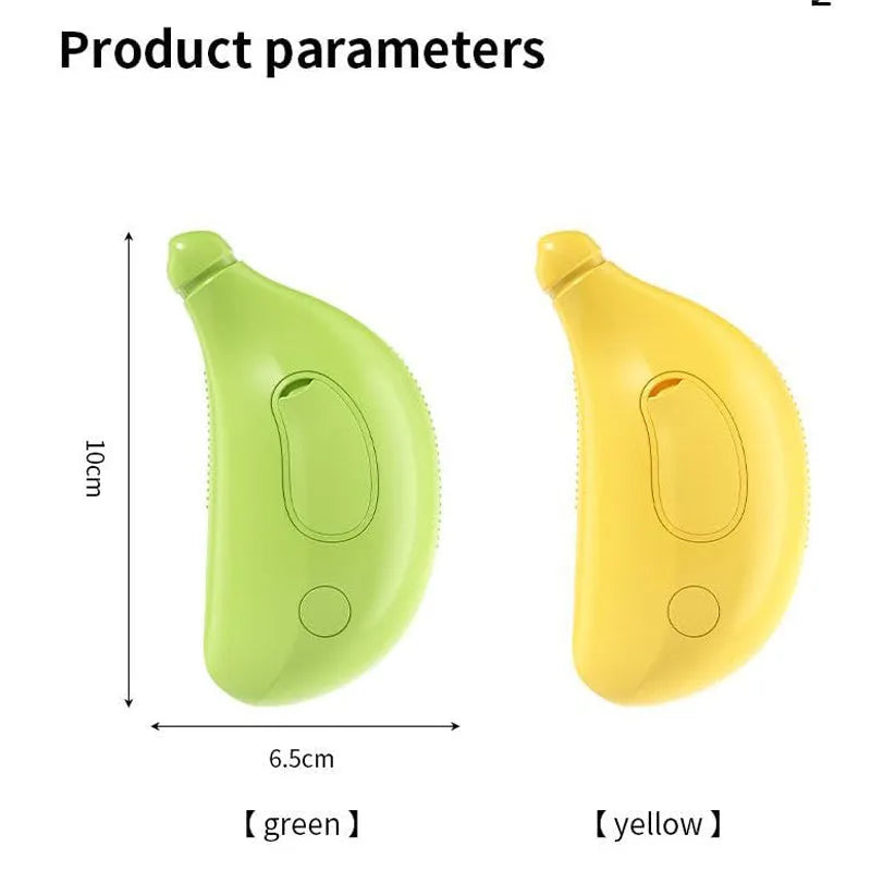 Green and yellow rechargeable 3-in-1 cat steam brush with silicone teeth and massage function.