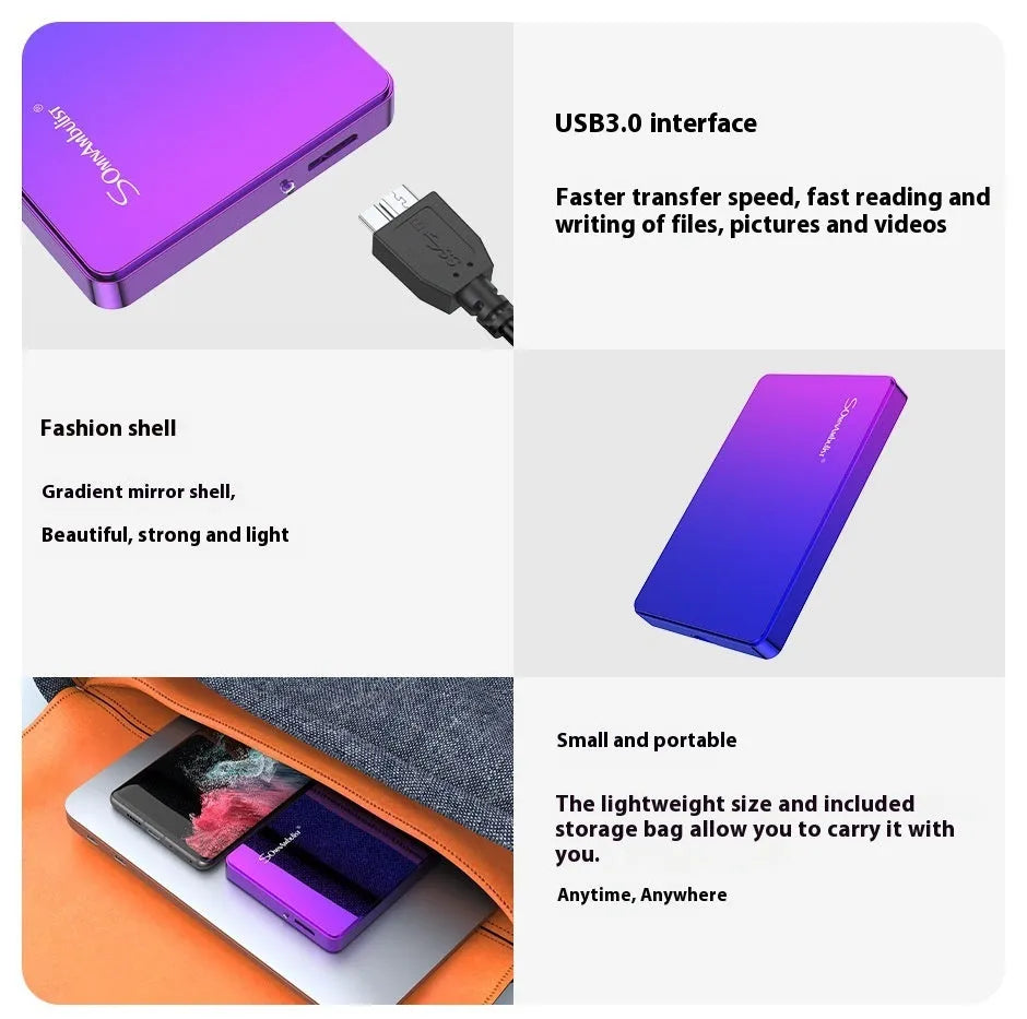 Purple plastic external hard disk with USB cable and leather bag packaging
