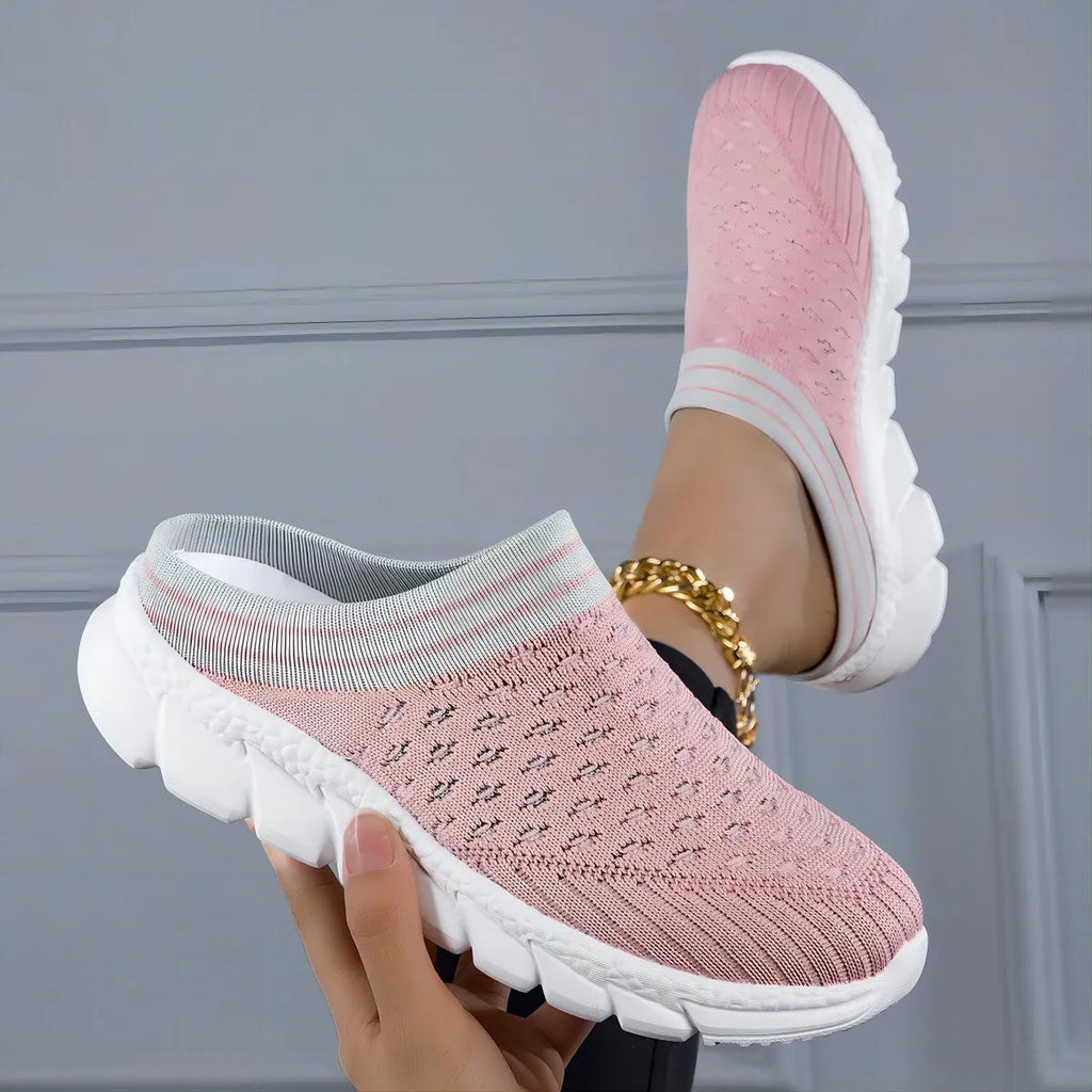 Women's striped Flyknit slipper shoes with hollowed-out pattern in black, pink, and purple colours
