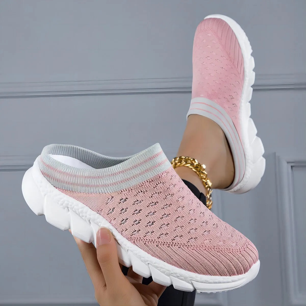 Women's striped Flyknit slipper shoes with hollowed-out pattern in black, pink, and purple colours