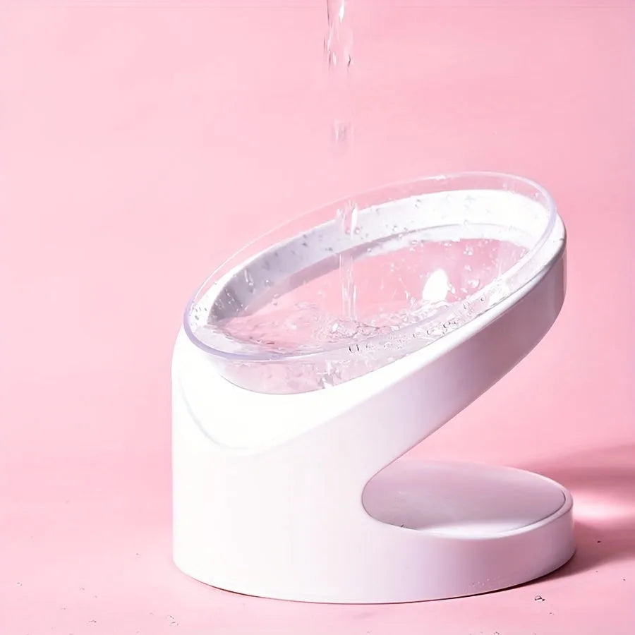 White elevated plastic cat food bowl with ergonomic tilt and anti-vomit design