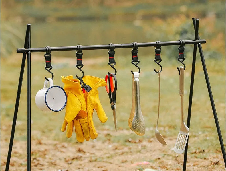 Aluminium alloy foldable camping drying rack with triangle frame and multiple hooks
