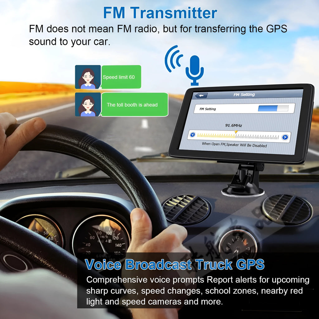 Black portable car GPS navigation device with 7-inch touch screen mounted on a bracket.