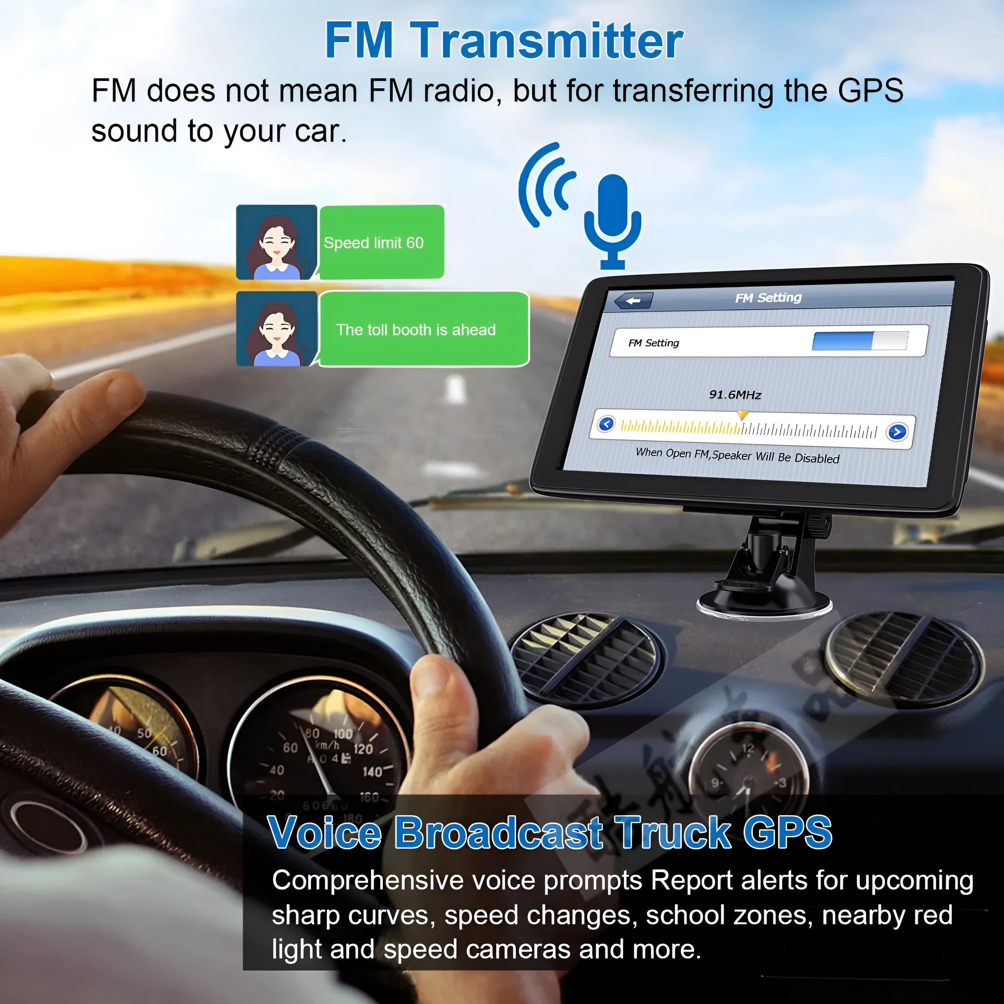 Black portable car GPS navigation device with 7-inch touch screen mounted on a bracket.