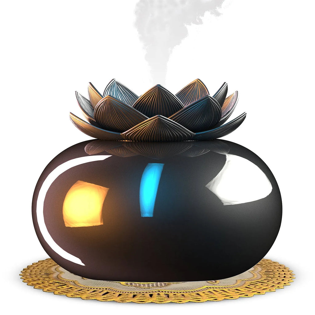 Pure black round ultrasonic humidifier with USB cable and single fog outlet for aromatherapy