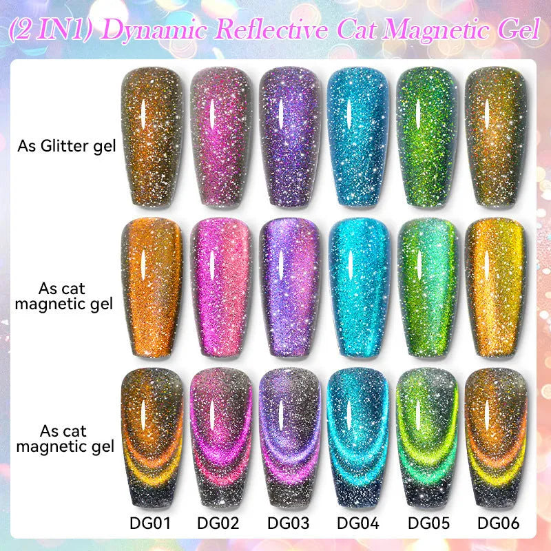 Six bottles of cat eye series nail polish gel with diamond glitter fragments in different colour styles