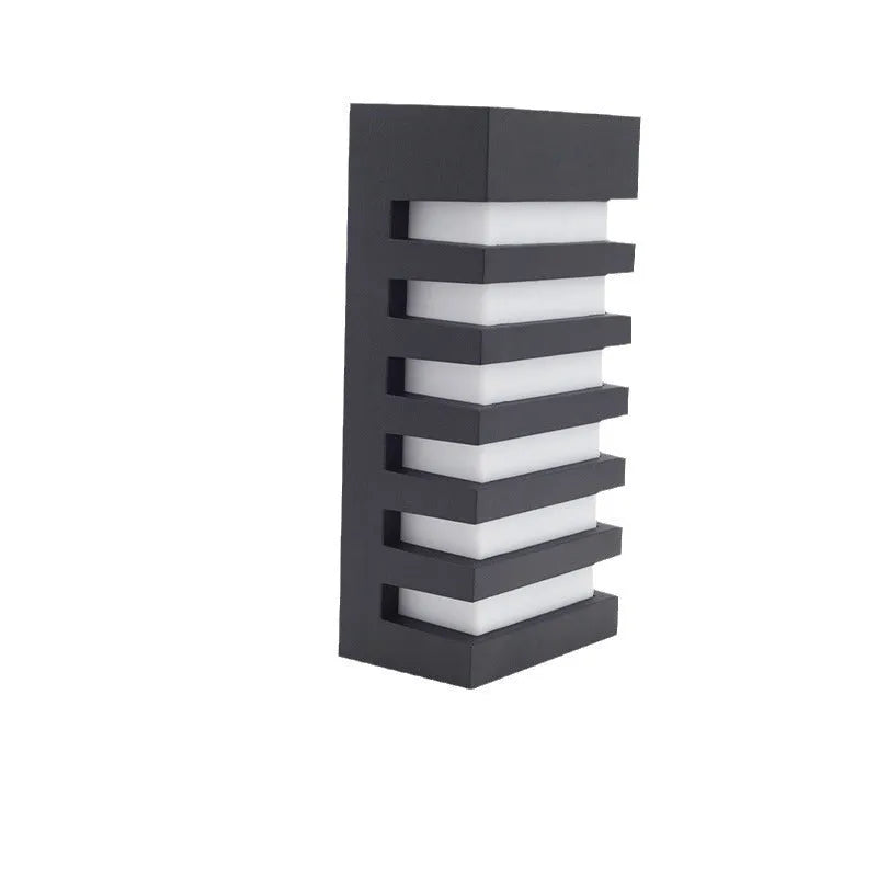 Modern minimalist outdoor wall lamp with aluminium shell and rectangular light panel.