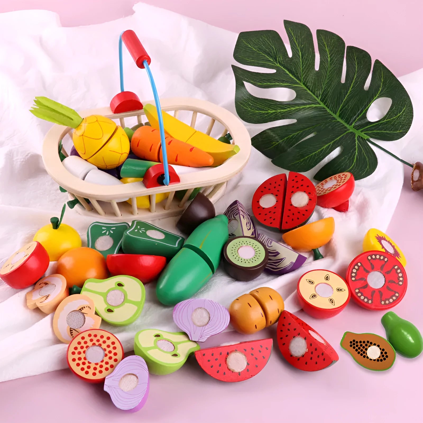 Wooden magnetic play food set with fruit and vegetable cutting toys in multiple colours for ages 3-6