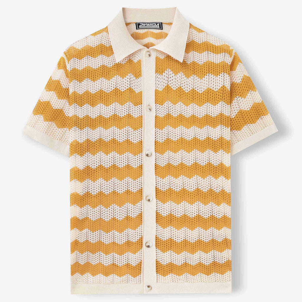 Yellow short-sleeve corduroy sweater with flocked jacquard pattern on a hanger.