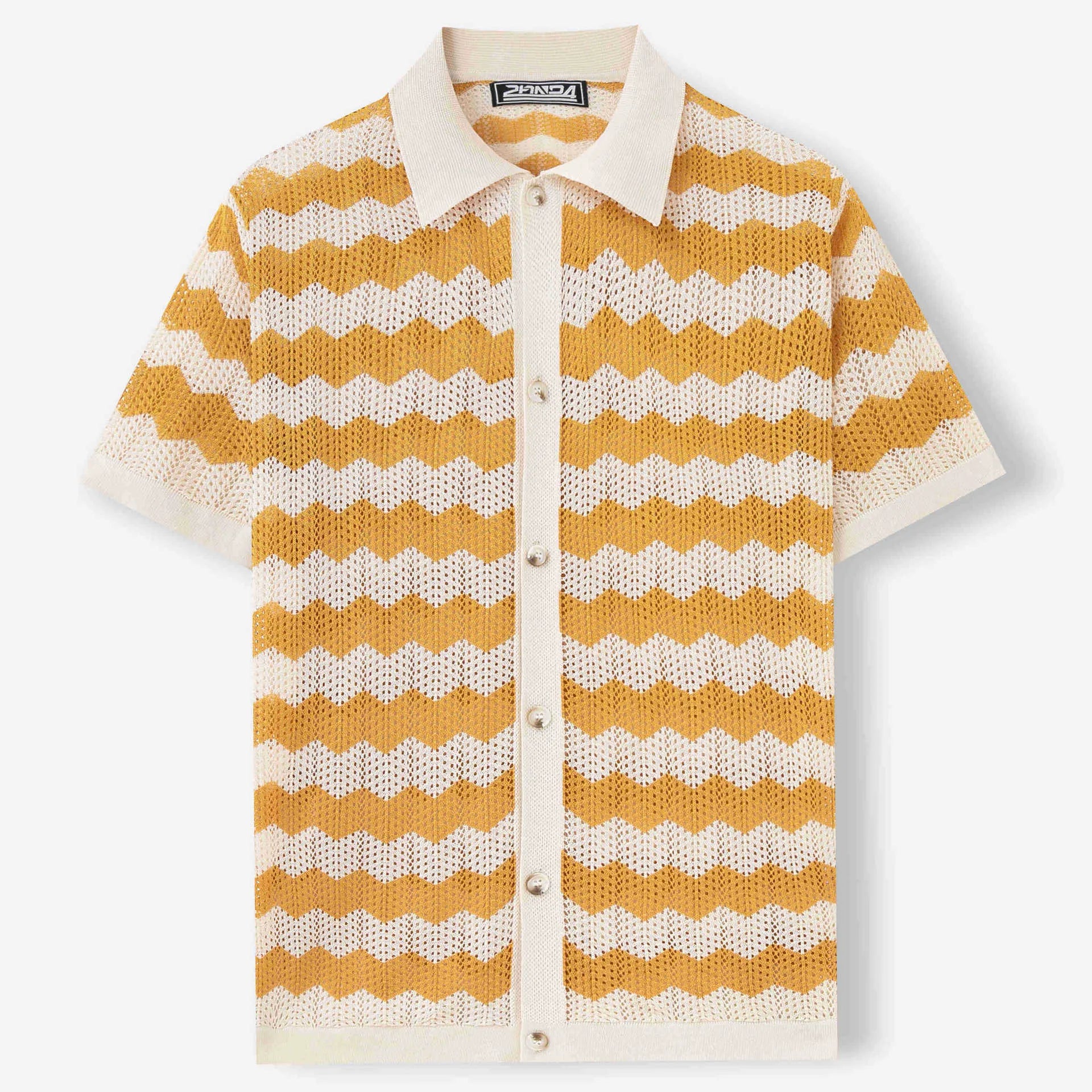 Yellow short-sleeve corduroy sweater with flocked jacquard pattern on a hanger.