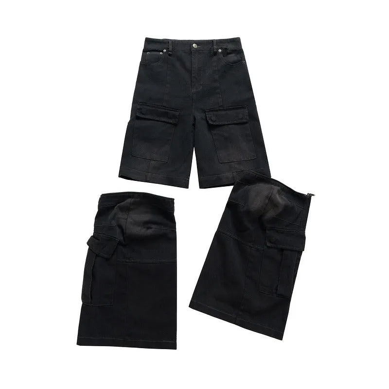 Detachable washed-out cotton overalls in black or blue with multi-pocket design