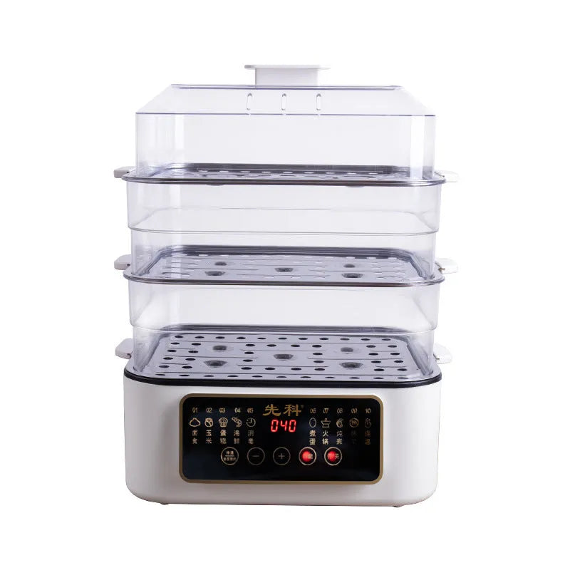 28-litre stainless steel electric steamer appliance with digital display and steaming rack.