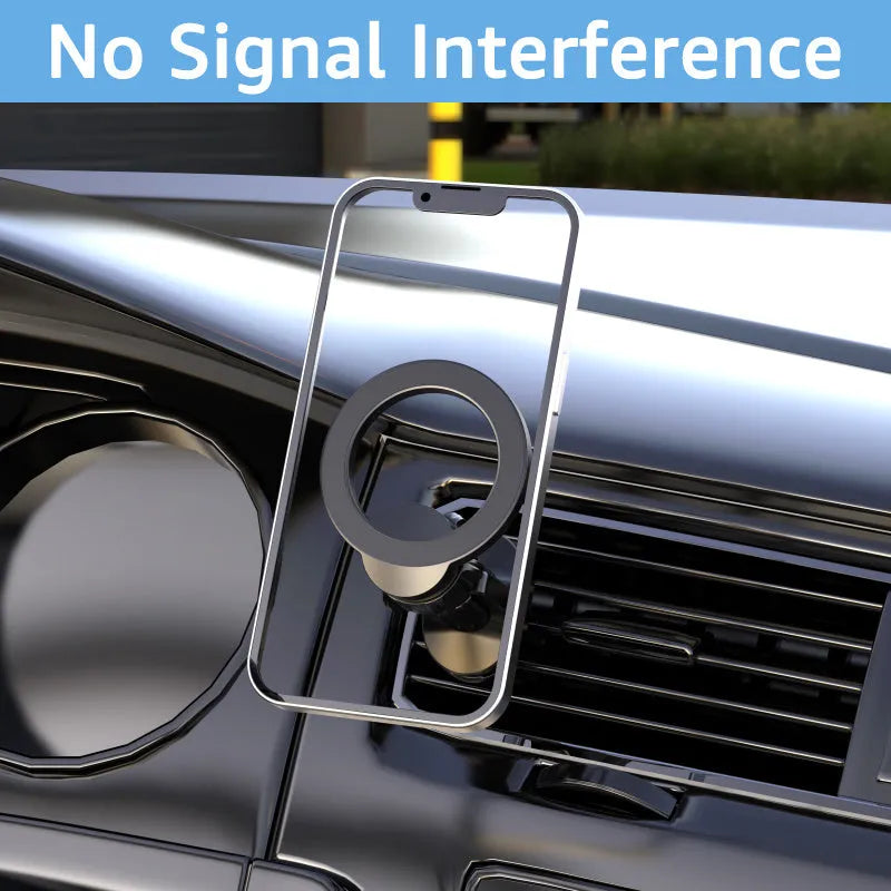 Black magnetic car phone holder with O-ring bracket attached to vehicle air vent holding smartphone